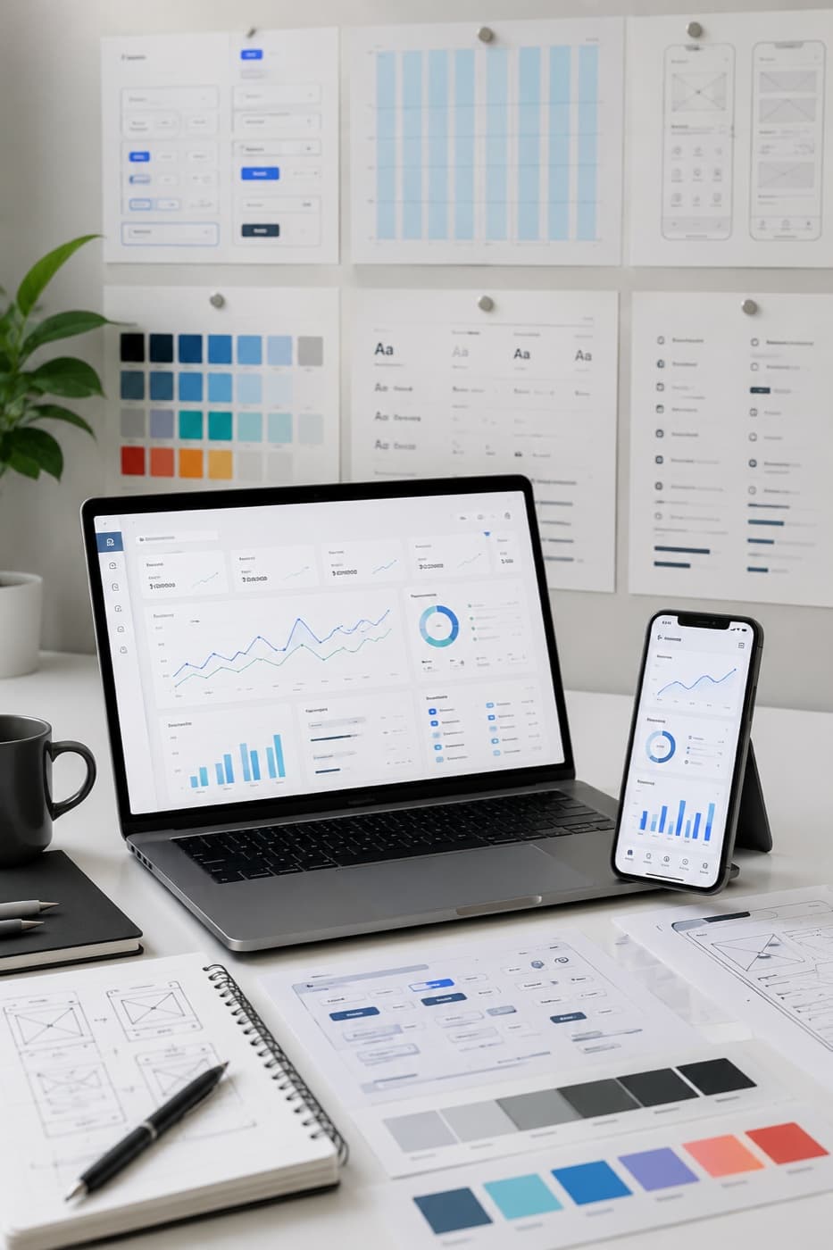 A dashboard design reviewed across laptop and phone beside printed wireframes